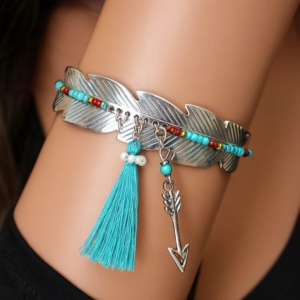 Women Silver Turquoise Tassel & Charm Arm Cuff Boho Bracelet Fashion Jewelry